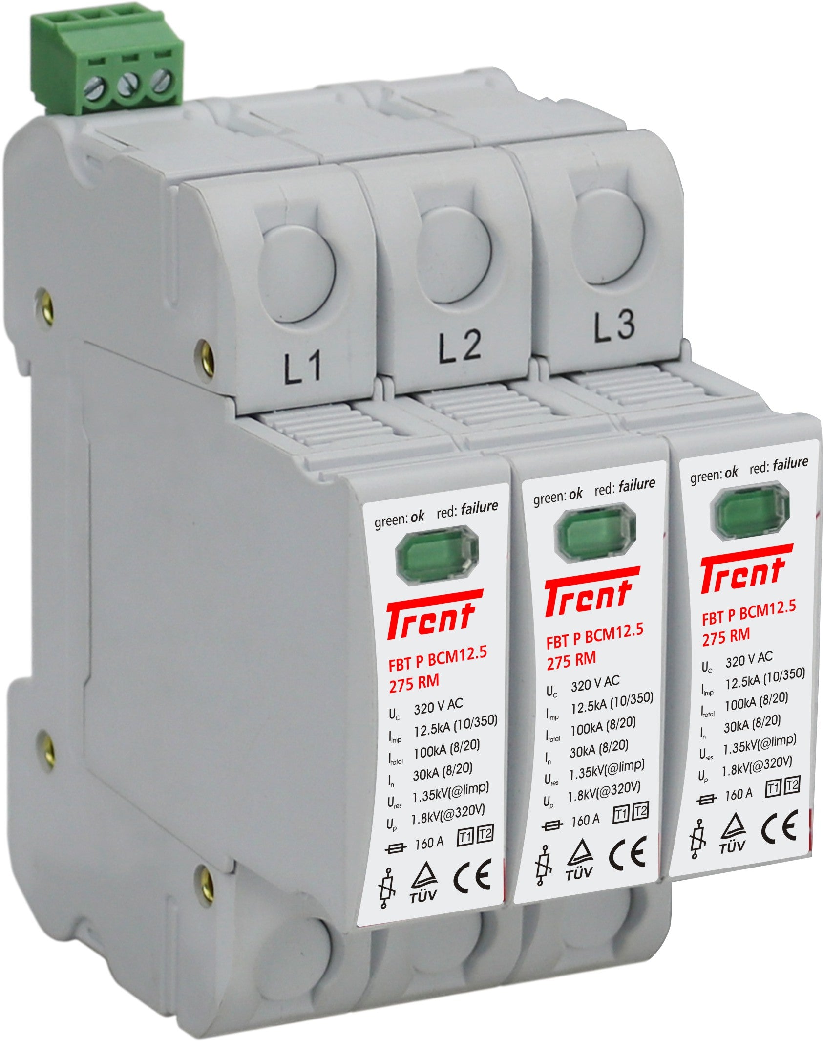 FBT P BCM12.5 275 RM (3+0), Class I,II / Type 1,2 / B,C, AC Surge Protection Device (SPD) with Remote Contacts, 3 Pole 37.5kA,440VAC, DIN Rail Mount, L/N-PE, L-PEN, L-N, N-PE High Energy MOV Type