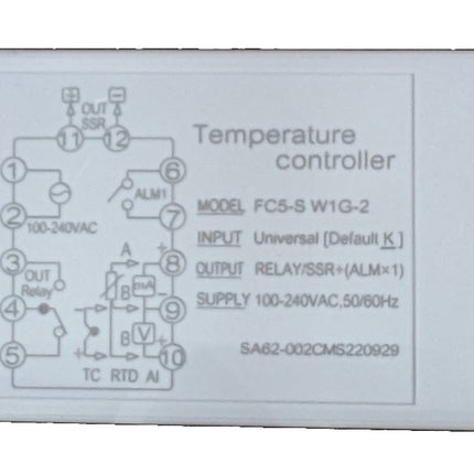 FC5-S-W-1-G-2, 100-240VAC PID Controller with 1 Alarm, K,E,J,N,T,S,R,B Thermocouple, Linear Current/Voltage and  PT100/Cu20 RTD Input, Relay + 12VDC Output