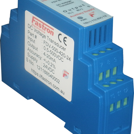 FDV-15-420-24, Battery DC Voltage Transducer, Din Rail Mount, 0-15VDC, 4-20mA output, 24VDC Supply Voltage, 150mS Response