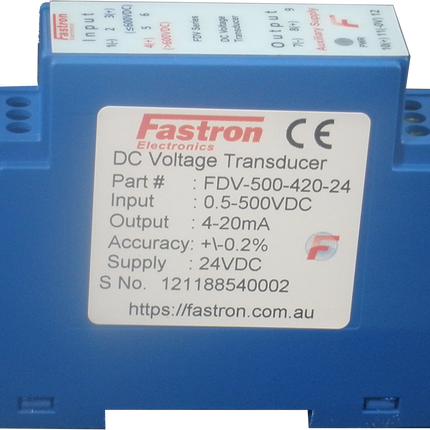 FDV-300-V10-24, DC Voltage Transducer, Din Rail Mount, 0-300VDC, 0-10V output, 24VDC Supply Voltage, 150mS Response