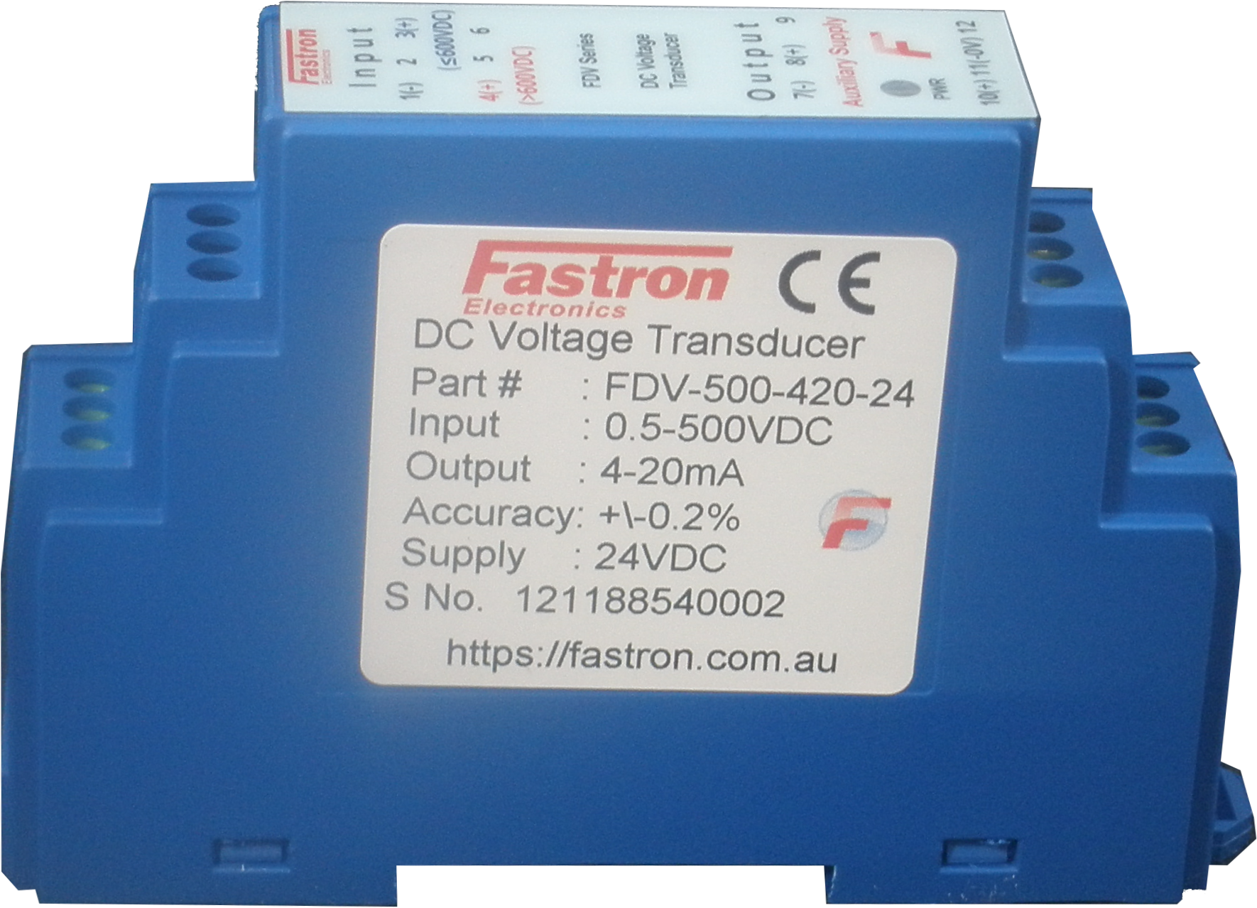 FDV-300-V10-24, DC Voltage Transducer, Din Rail Mount, 0-300VDC, 4-20mA output, 24VDC Supply Voltage, 150mS Response