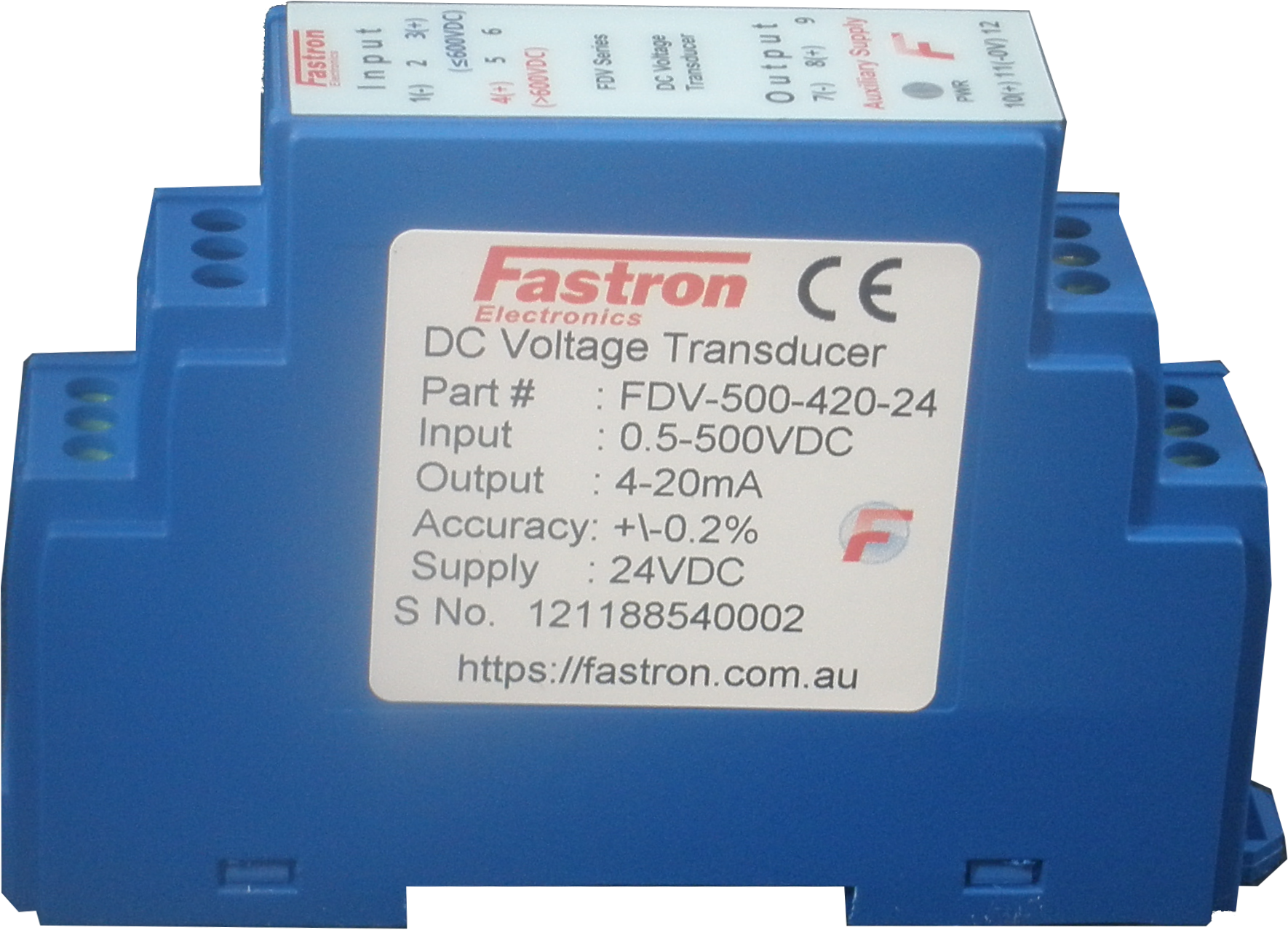 FDV-50-V10-24, DC Voltage Transducer, Din Rail Mount, 0-50VDC, 0-10V output, 24VDC Supply Voltage, 150mS Response