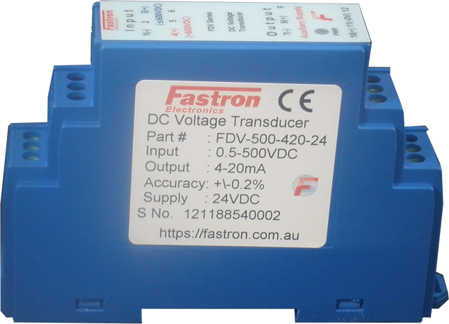FDV-500-V05-24, DC Voltage Transducer, Din Rail Mount, 0-500VDC, 5V output, 24VDC Supply Voltage, 150mS Response