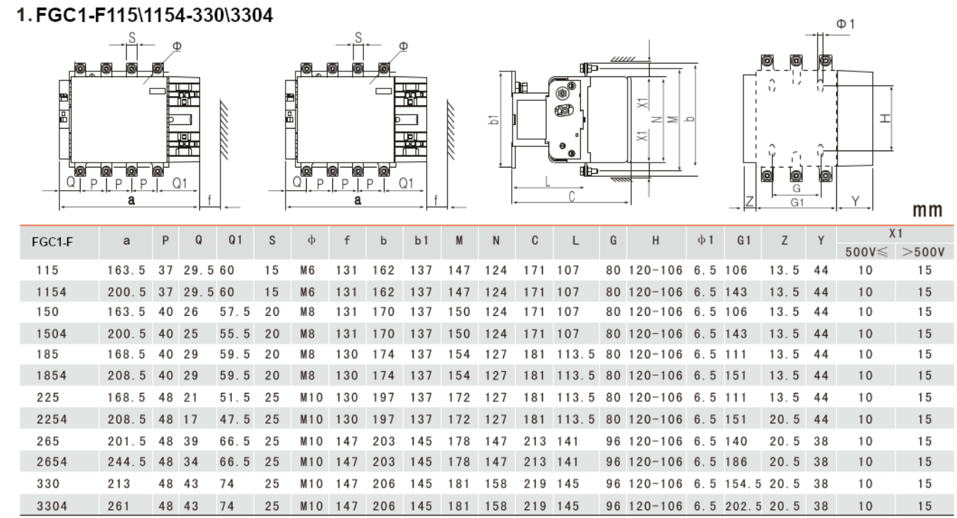 FGC1-F330-230VAC, AC Contactor, 240VAC Control Voltage, 3 Pole NO, Nominal Current = 330 Amps(AC-3) @ 240/400/500/690V