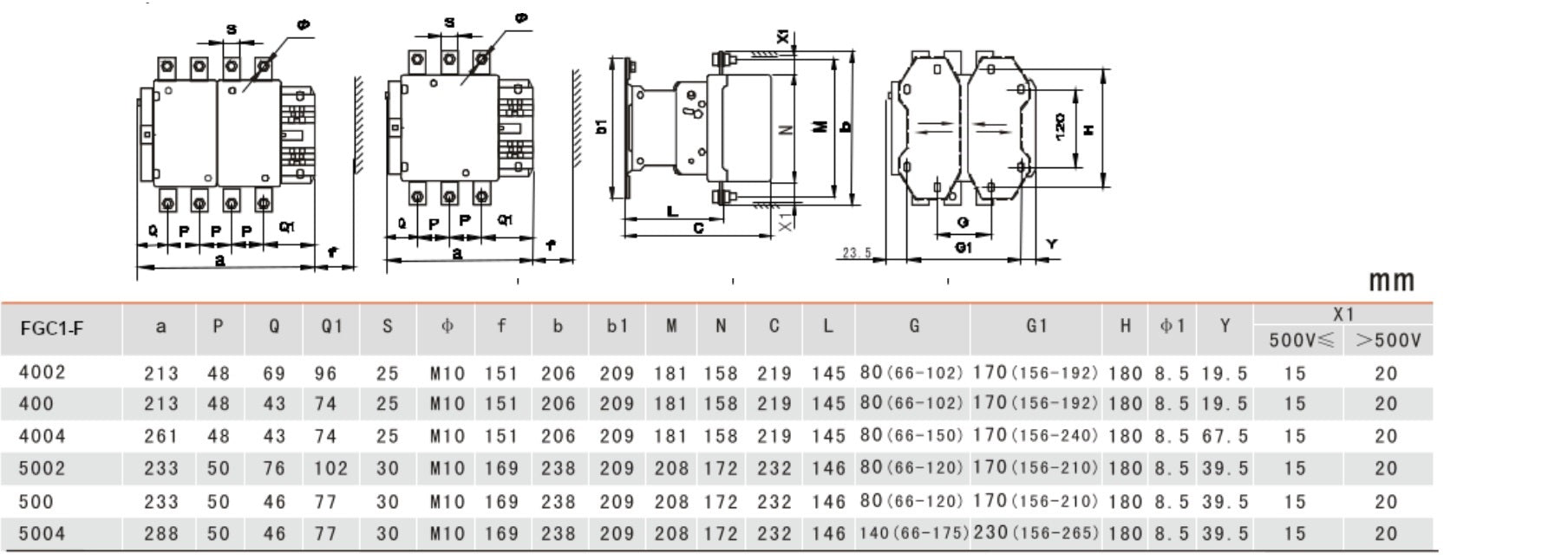 FGC1-F400-230VAC, AC Contactor, 240VAC Control Voltage, 3 Pole NO, Nominal Current = 400 Amps(AC-3) @ 240/400/500/690V