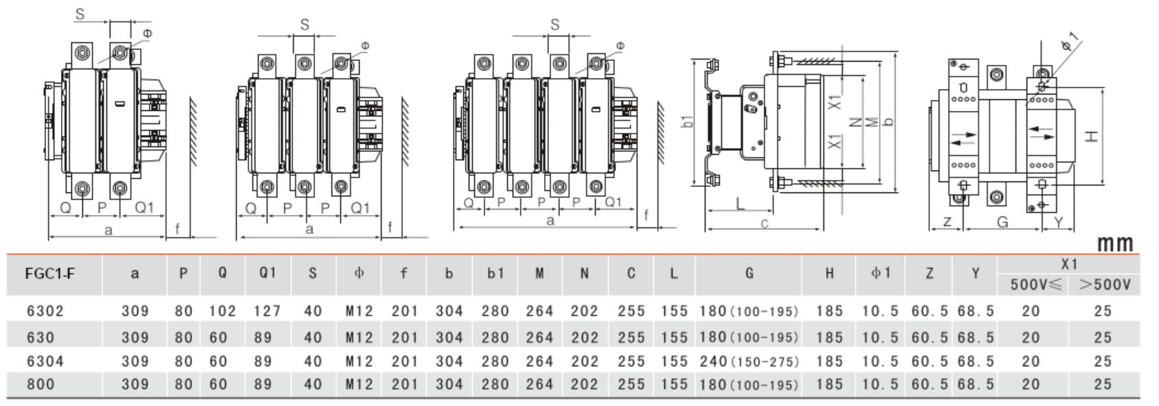 FGC1-F630-230VAC, AC Contactor, 240VAC Control Voltage, 3 Pole NO, Nominal Current = 630 Amps(AC-3) @ 240/400/500/690V