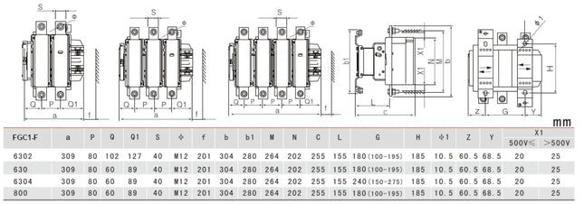 FGC1-F630-230VAC, AC Contactor, 240VAC Control Voltage, 3 Pole NO, Nominal Current = 630 Amps(AC-3) @ 240/400/500/690V