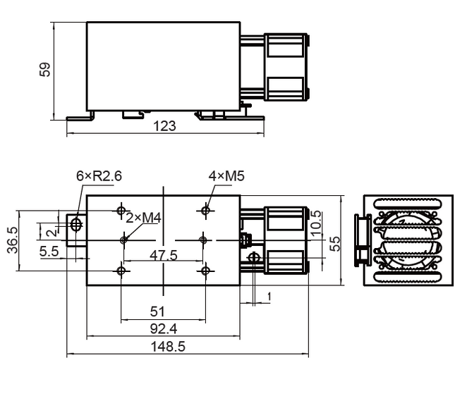 FHS-I93-B24DC-A, SSR Heatsink 148.5mm long with DIN Rail Clip 0.6 Deg C per Watt, Drilled and tapped for Single phase SSR. Overall Dimensions H:148 x W:55 x D:59mm, Din Rail Mount or Panel Mount, 24VDC Fan Cooled