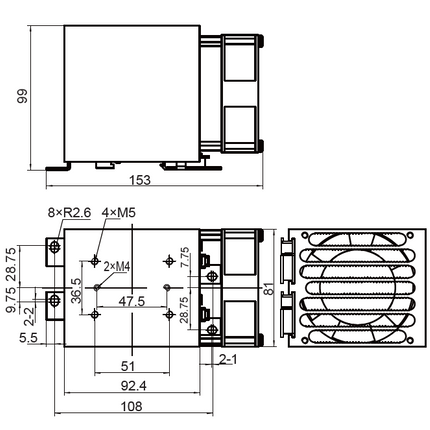 FHS-J93-B24DC-A, SSR Heatsink 153mm long with DIN Rail Clip 0.35 Deg C per Watt, Drilled and tapped for Single phase SSR. Overall Dimensions H:153 x W:81 x D:99mm, Din Rail Mount or Panel Mount, 24VDC Fan Cooled