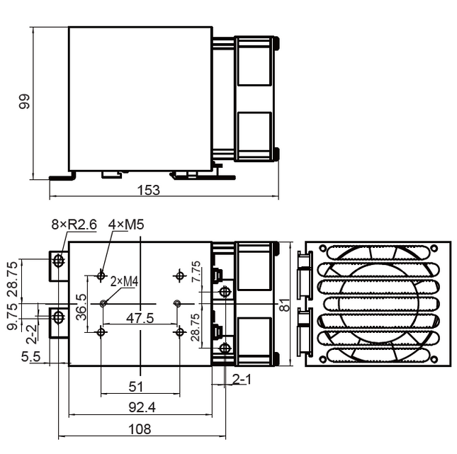 FHS-J93-B24DC-A, SSR Heatsink 153mm long with DIN Rail Clip 0.35 Deg C per Watt, Drilled and tapped for Single phase SSR. Overall Dimensions H:153 x W:81 x D:99mm, Din Rail Mount or Panel Mount, 24VDC Fan Cooled