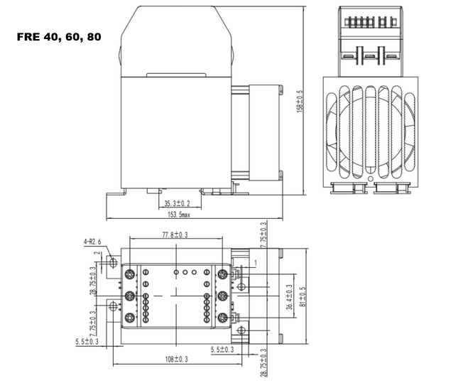 FRE-440-80C-M-2L, SCR Burst Controller, 400VAC 3 Wire 2 Leg (400V L-L, 230V L-N), 3 Phase, 4-20/0-5V/0-10V Input, 80 Amps per Phase @ 40 Deg C, Fan Cooled