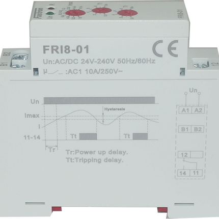 FRI8-01/5, Current Monitoring Relay AC 0.5 - 5 Amp, Adjustable delay 0.5 - 10 s, 1 x CO 10 Amp, Universal 24-240VAC 24VDC Aux Supply