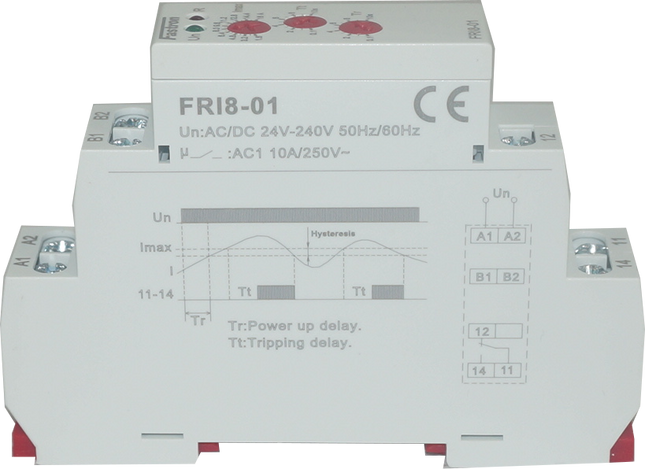 FRI8-01/8, Current Monitoring Relay AC 0.8 - 8 A, Adjustable delay 0.5 - 10 s, 1 x CO 10 Amp, Universal 24-240VAC 24VDC Aux Supply