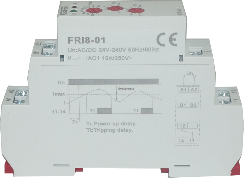 FRI8-03/8, Under/Over Current Monitoring Relay AC 0.8 - 8 A, Adjustable delay 0.5 - 10 s, 1 x CO 10 Amp, Universal 24-240VAC 24VDC Aux Supply