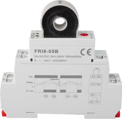 FRI8-05/B, Current Monitoring Relay AC/DC 2-20 Amp, Adjustable Range, 8mm Aperture, Universal 24-240VAC 24VDC