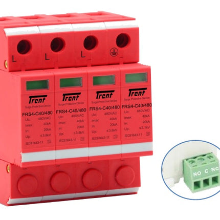 FRS4-C40/480VAC (R), 4 Pole, Uc = 480VAC L-L 960VAC, L-PE 1360VAC, Type 2 (Class II) Surge Protection Device In 20kA, Imax 40kA, Pluggable, With 4 x Remote Contacts