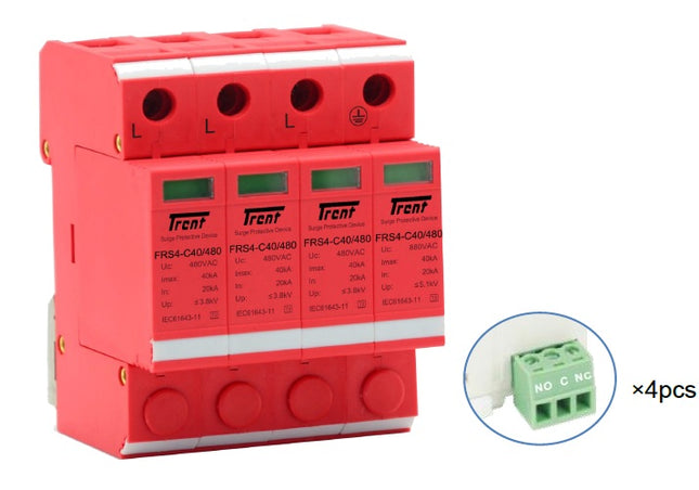 FRS4-C40/480VAC (R), 4 Pole, Uc = 480VAC L-L 960VAC, L-PE 1360VAC, Type 2 (Class II) Surge Protection Device In 20kA, Imax 40kA, Pluggable, With 4 x Remote Contacts