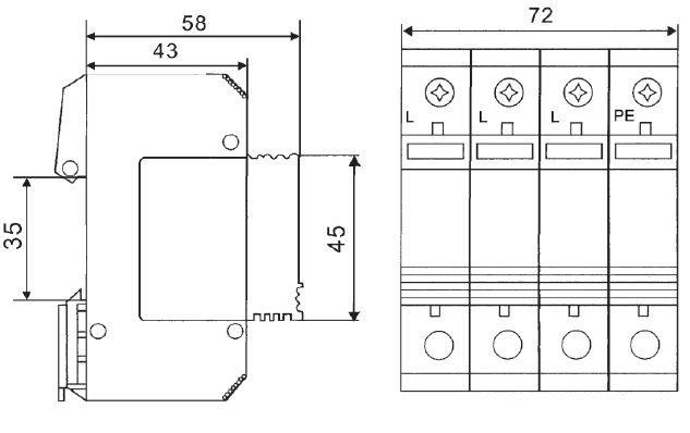 FRS4-C40/480VAC (R), 4 Pole, Uc = 480VAC L-L 960VAC, L-PE 1360VAC, Type 2 (Class II) Surge Protection Device In 20kA, Imax 40kA, Pluggable, With 4 x Remote Contacts