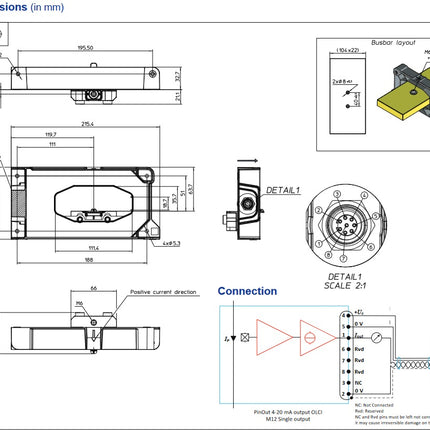 FRS 2000-SUI, O/L Coreless Current Transducer, 2000 Amp, +12V...24VDC Supply, 111.4 x 18.7 Square Aperture, 4-20mA Unipolar Output