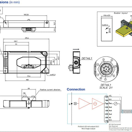 FRS 2500-SBI, O/L Coreless Current Transducer, 2500 Amp, +12V...24VDC Supply, 111.4 x 18.7 Square Aperture, 4-20mA Bipolar Output