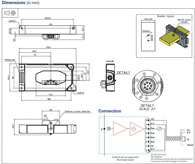 FRS 2500-SUIH, O/L Coreless Current Transducer, 2500 Amp, +12V...24VDC Supply, 111.4 x 18.7 Square Aperture, 4-20mA Unipolar Output, Traction Version