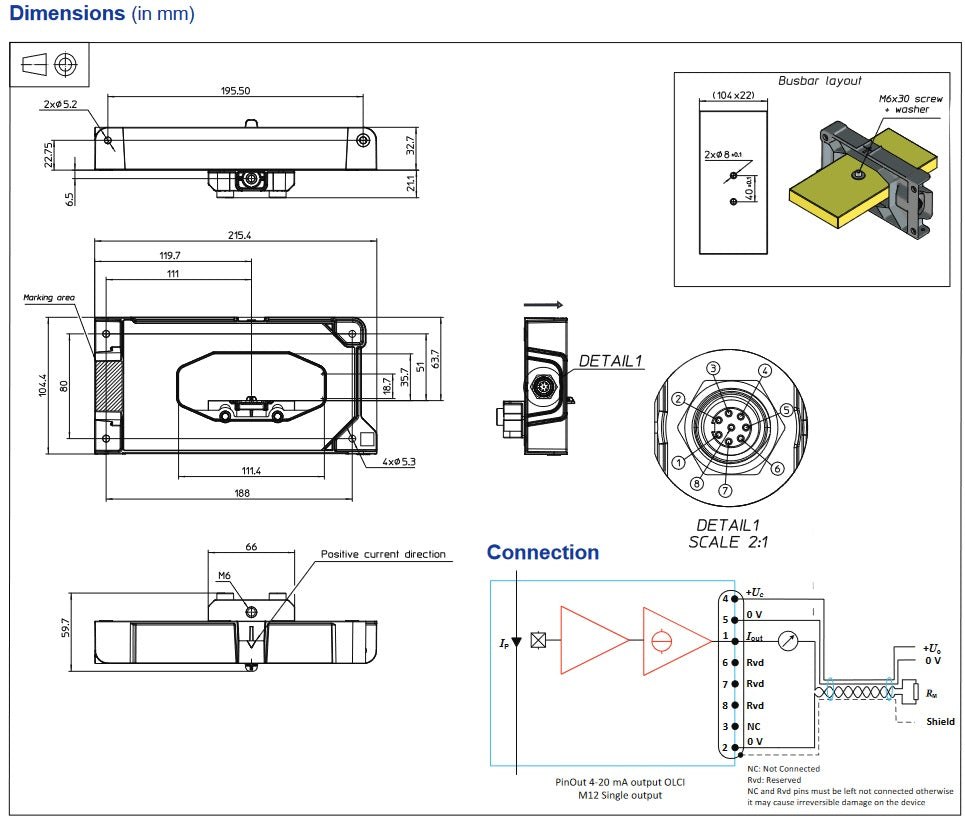 FRS 1500-SUIH, O/L Coreless Current Transducer, 1500 Amp, +12V...24VDC Supply, 111.4 x 18.7 Square Aperture, 4-20mA Unipolar Output, Traction Version