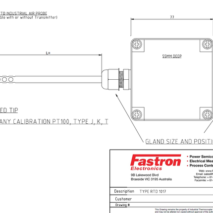 FRTD-PT100-50, Pt100 Air Temperature Sensor, 50mm shaft length, 77 x 77 x 55mm Body