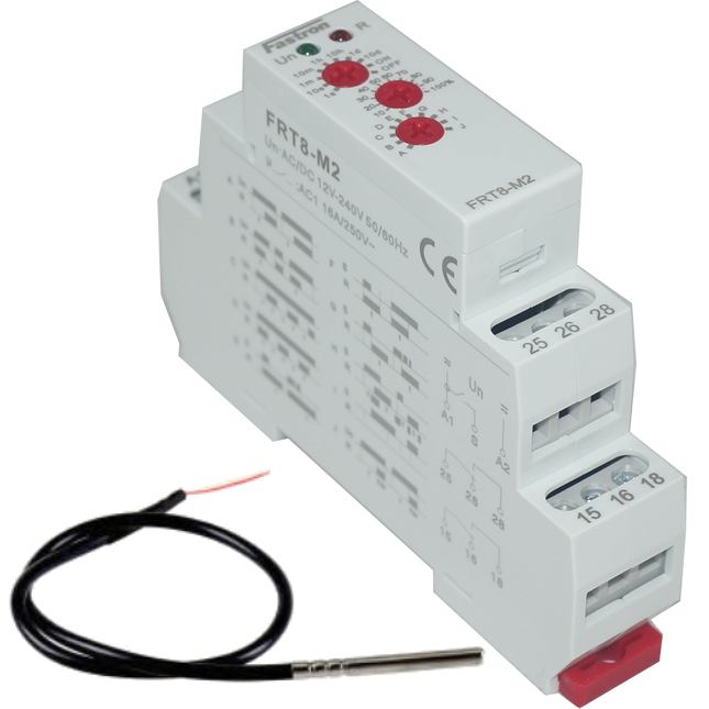 FRW8-01, Temperature Control Relay, Heat/Cool, 24 - 240VAC/DC, Din Rail Mount, 1 x SPST 16 Amp Relay, Includes PTC Probe for -15 to 45 Deg C Range