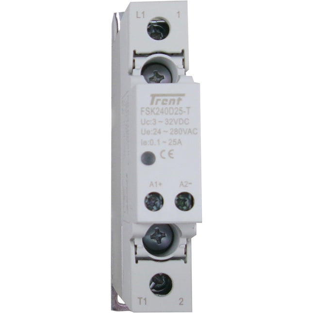 FSK240D25T-K, Solid State Contactor SSR, Single Phase 4-32VDC Control, 25A, 24-240VAC Load, Din Rail Mount, with Internal Transient Overvoltage Suppressor