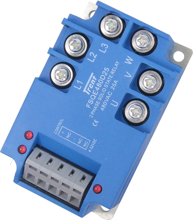 FSQE480D25, Solid State Relay, 3 Phase, 4-32VDC Control, 25Amp, 24-530VAC Load, IP20, NEW LOW FOOTPRINT DESIGN