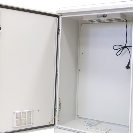 RODNV624011, Steel Teclom Enclosure with HMI Windowed Door IP55, AIR COOLED 578M3/h, RAL 7035 Gray, 2.0mm Galvanised Steel, Thermostat and Fan Pre-installed
