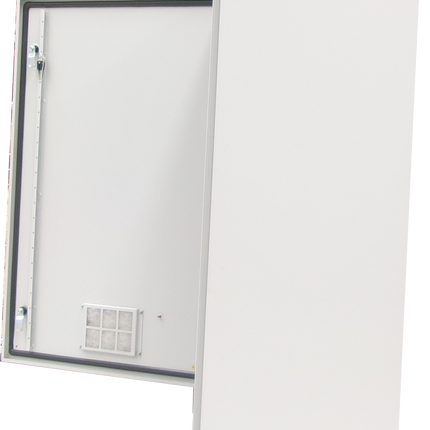 RODNV624011, Steel Teclom Enclosure with HMI Windowed Door IP55, AIR COOLED 578M3/h, RAL 7035 Gray, 2.0mm Galvanised Steel, Thermostat and Fan Pre-installed