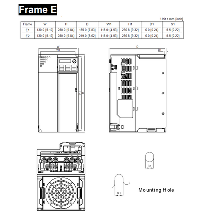 VFD25AMS43ANSAA, 3 Phase Variable Frequency Drive, 460VAC, 11kW, 19.5 Amp (Normal Duty)/21.3 Amp (Heavy Duty), 460VAC L-L, 0.1-599 Hz, 250x130x185mm