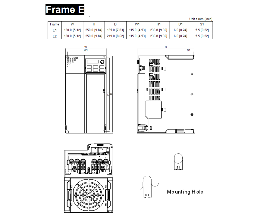 VFD25AMS43ANSAA, 3 Phase Variable Frequency Drive, 460VAC, 11kW, 19.5 Amp (Normal Duty)/21.3 Amp (Heavy Duty), 460VAC L-L, 0.1-599 Hz, 250x130x185mm