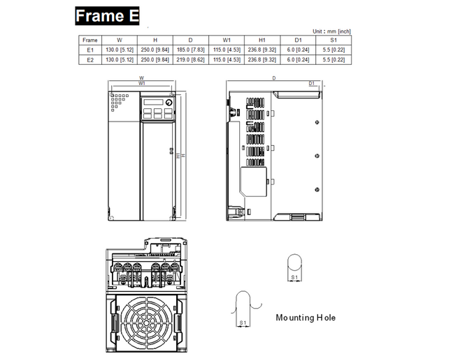 VFD32AMS43ANSAA, 3 Phase, Variable Frequency Drive, 15kW, 24.4 Amp (Normal Duty)/27.4 Amp (Heavy Duty), 460VAC L-L, 250x130x185mm