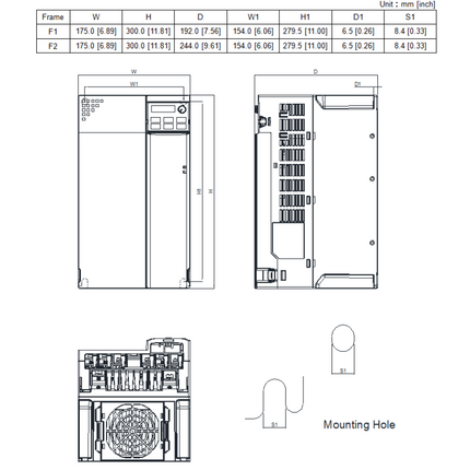 VFD45AMS43ANSAA, 3 Phase, Variable Frequency Drive, 22kW, 34.3 Amp (Normal Duty)/37.3 Amp (Heavy Duty), 460VAC L-L, 300x175x192mm