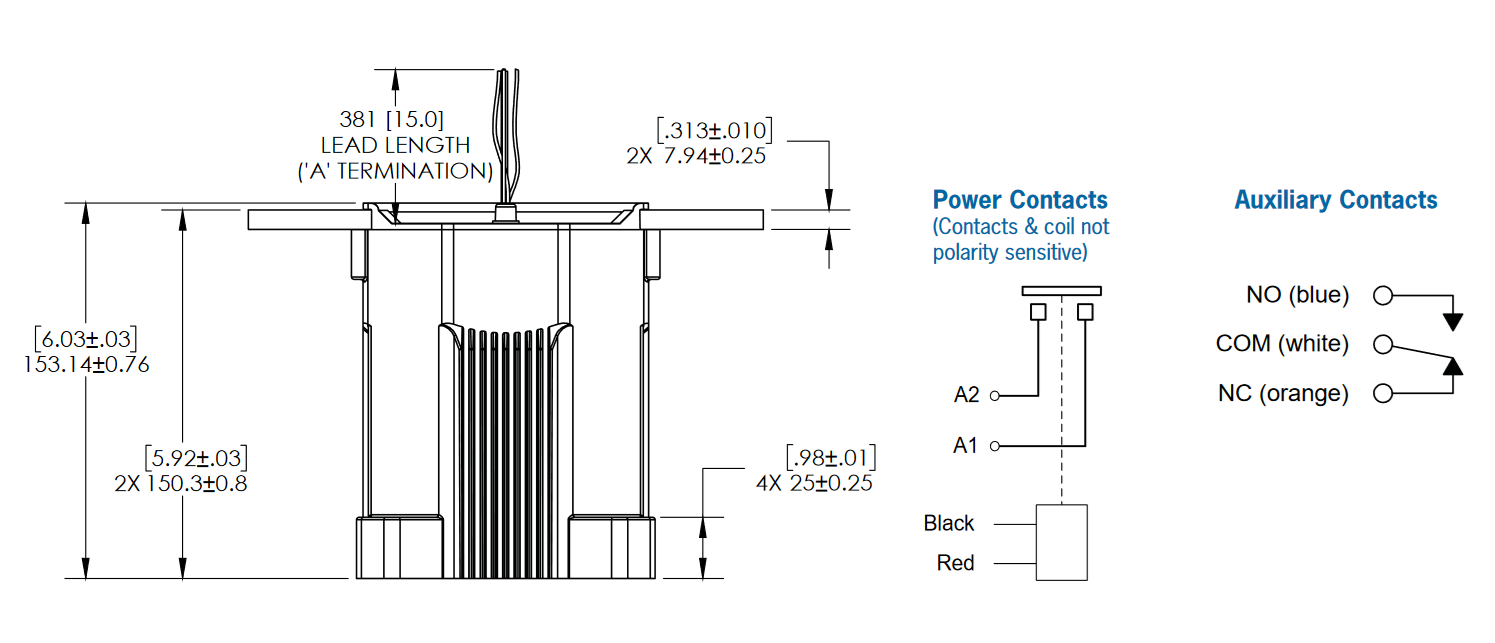HX360BAB, Contactor SPST-NO 800 AMP, 1500VDC, 12VDC Coil, 38cm Flying leads, with SPDT Auxiliary Contact 3750 Cycles, IP67, IP69