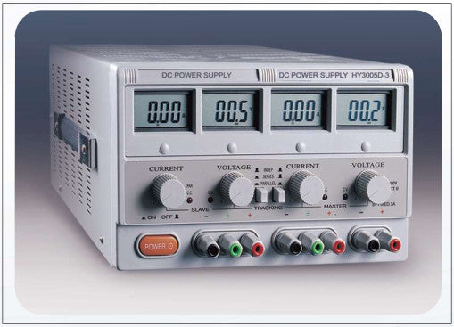 HY3005D-3, Laboratory Linear Power Supply 3 Channel, 2 x 0-30VDC @ 5Amp, 1 x 5V @ 3 Amp Fixed Channel 230VAC Supply