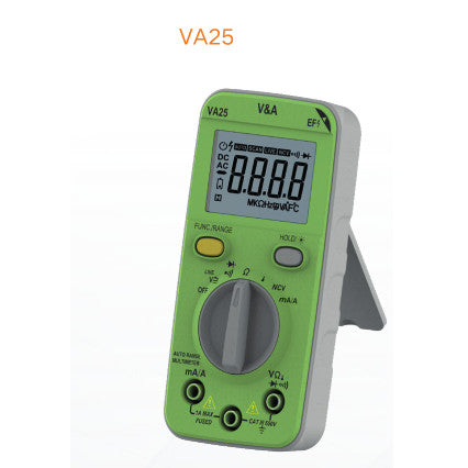 VA25A, Pocket Multimeter For True RMS, AC/DC Voltage 0-600V, AC/DC uA/mA/1Amp, Current Plug In Connect, Resistance 0.1- 20 MOhm, Temperature -200 to 1200 Deg C, Auto Range