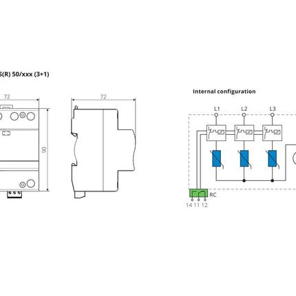 ISPRO-K BSR 100/440 (3+1), Class I,II / Type 1,2 / B,C, Surge Protection Device (SPD) with Remote Contacts, 3 Pole 100kA, 440VAC, DIN Rail Mount, L/N-PE, L-PEN, L-N, N-PE High Energy MOV and GDT
