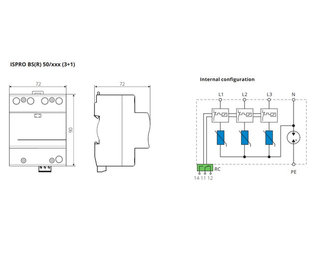 ISPRO-K BSR 100/440 (3+1), Class I,II / Type 1,2 / B,C, Surge Protection Device (SPD) with Remote Contacts, 3 Pole 100kA, 440VAC, DIN Rail Mount, L/N-PE, L-PEN, L-N, N-PE High Energy MOV and GDT
