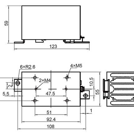 FHS-I93-D-A, SSR Heatsink 92.5mm long with DIN Rail Clip 1.6 Deg C per Watt, Drilled and tapped for Single phase SSR. Overall Dimensions H:108 x W:55 x D:59mm, Din Rail Mount or Panel Mount