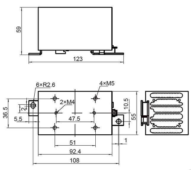 FHS-I93-D-A, SSR Heatsink 92.5mm long with DIN Rail Clip 1.6 Deg C per Watt, Drilled and tapped for Single phase SSR. Overall Dimensions H:108 x W:55 x D:59mm, Din Rail Mount or Panel Mount