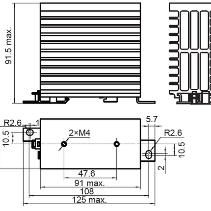 FHS-S90-2-D, SSR Heatsink 91mm long with DIN Rail Clip 1.3 Deg C per Watt, Drilled and tapped for Single phase SSR. Overall Dimensions H:125 x W:45.5 x D:91.5mm, Din Rail Mount or Panel Mount