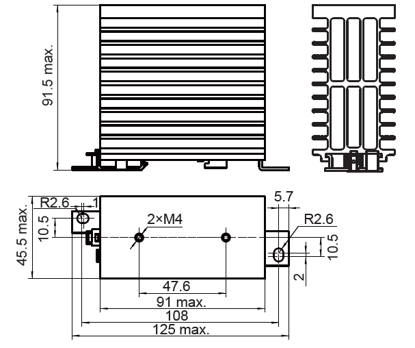FHS-S90-2-D, SSR Heatsink 91mm long with DIN Rail Clip 1.3 Deg C per Watt, Drilled and tapped for Single phase SSR. Overall Dimensions H:125 x W:45.5 x D:91.5mm, Din Rail Mount or Panel Mount