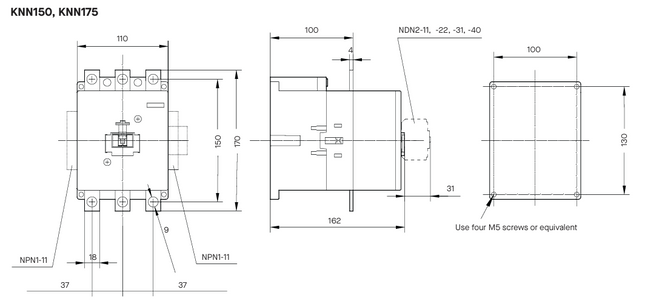 KNN150.3-00 220/240 AC 220 DC, AC Contactor 440/480V, 3 Pole 3 x NO, Nominal Current = 150 Amps, 240VAC Coil