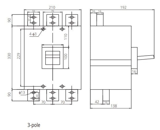 FGM6SM-3P-800H 700A,  3 Pole Moulded Case Circuit Breaker (MCCB) Thermal and Magnetic, Adjustable Type ICS=75kA 700 Amp, 400/690VAC