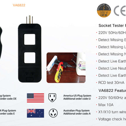 VA6821, 230VAC 50/60Hz Socket Tester, Detect Missing or Reversed: Earth, Live, Neutral, RCD Test (30mA)