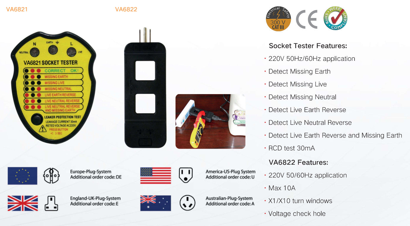 VA6821, 230VAC 50/60Hz Socket Tester, Detect Missing or Reversed: Earth, Live, Neutral, RCD Test (30mA)