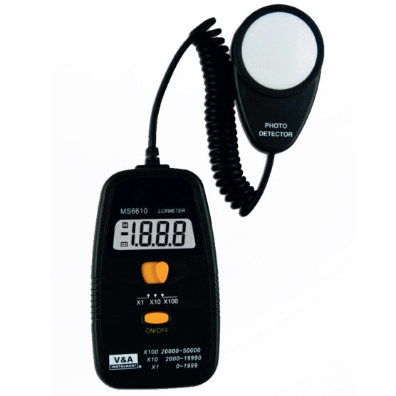 MS6610, Light Meter. Range 0-2000 Lux (lm/m2)/2000-19990 Lux/20000-50000 Lux Accuracy +/-5%, Resolution 1 Lux/10 lux/100 Lux